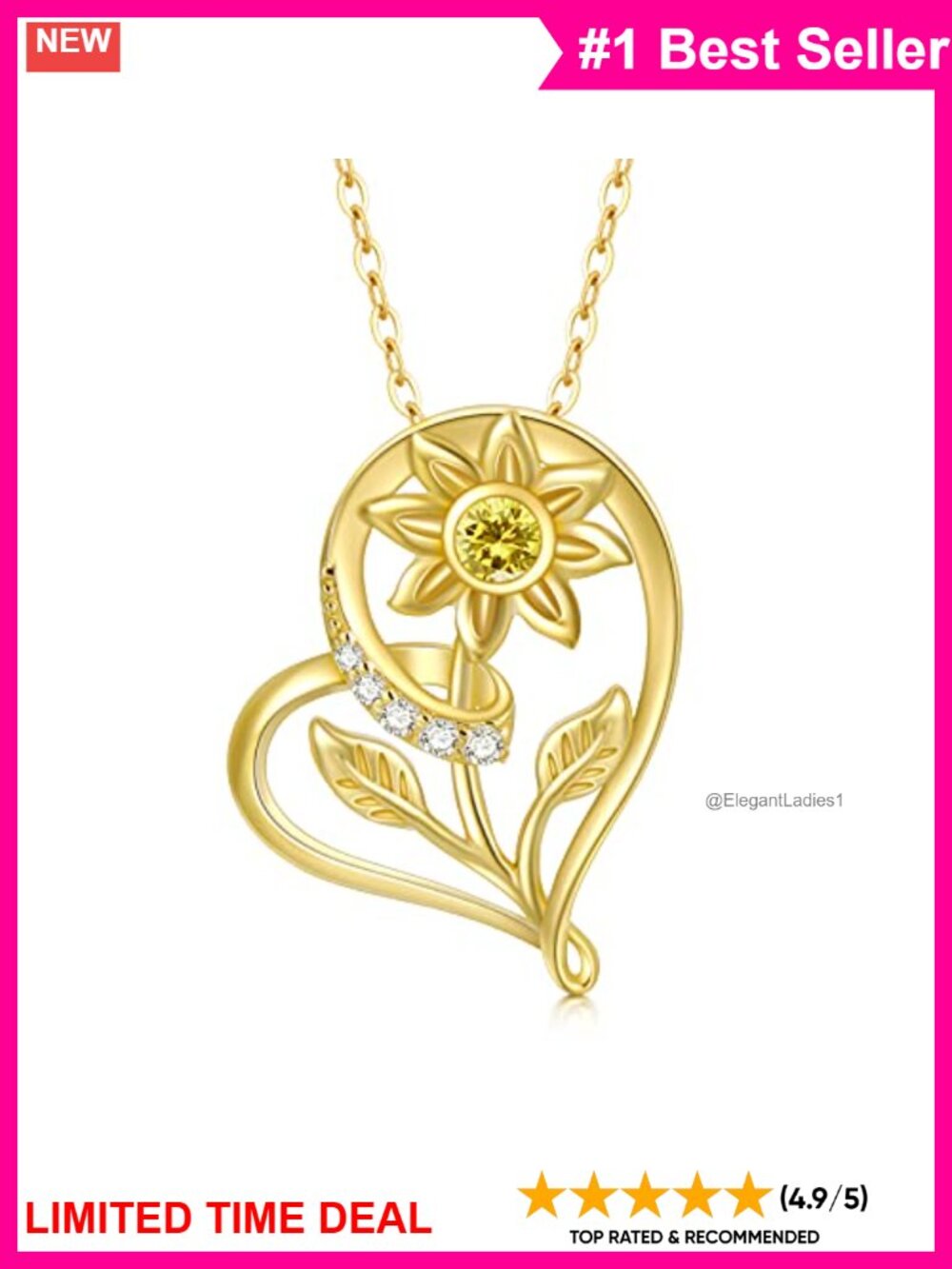 14k Gold Sunflower Heart Pendant Necklace Fine Jewelry Gift